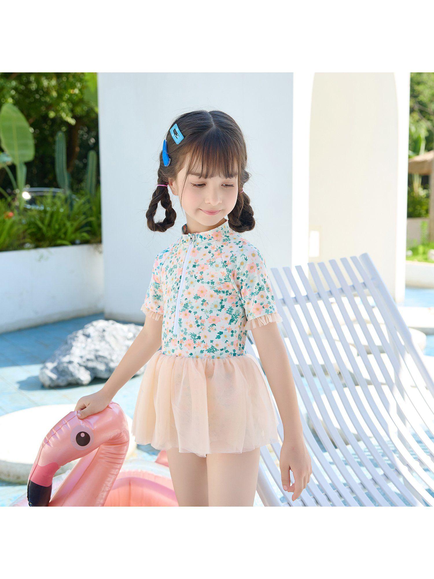 peach & green small floral tutu style swimwear for kids