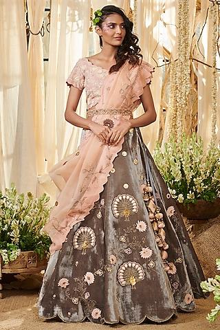 peach & grey embroidered lehenga set