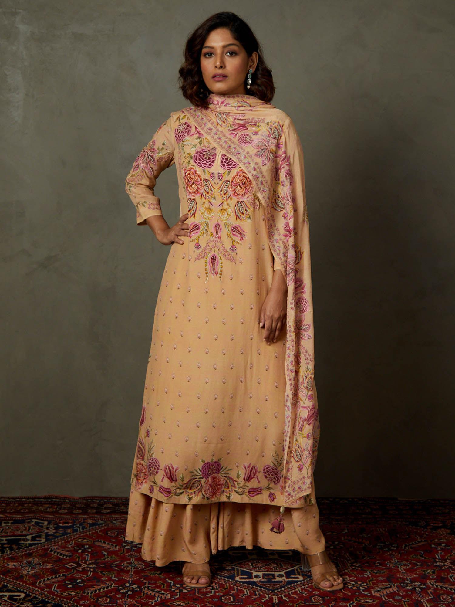 peach & multi dahlia floral kurta with gharara & dupatta (set of 3) (m)