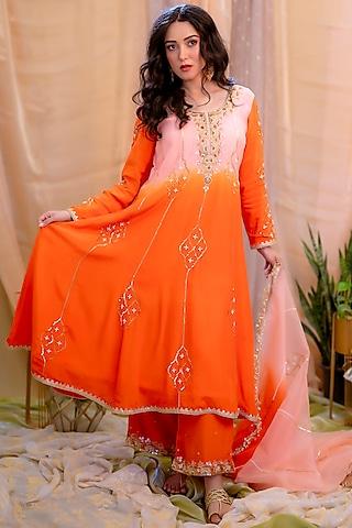 peach & orange crepe embroidered anarkali set