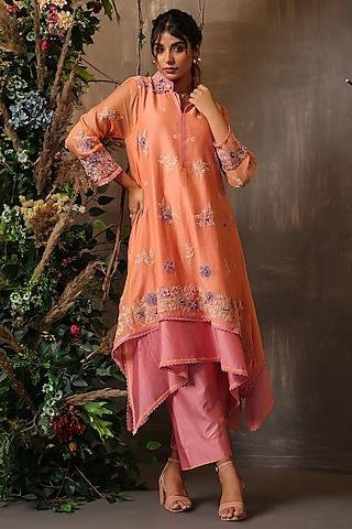 peach & pink chanderi silk applique embroidered layered kurta set