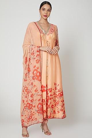 peach & red embroidered anarkali set