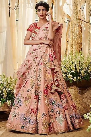 peach & red embroidered lehenga set