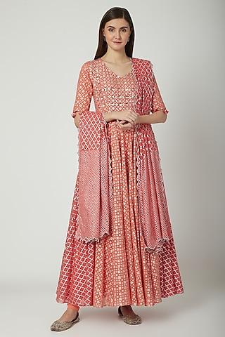 peach & silver embroidered printed anarkali set