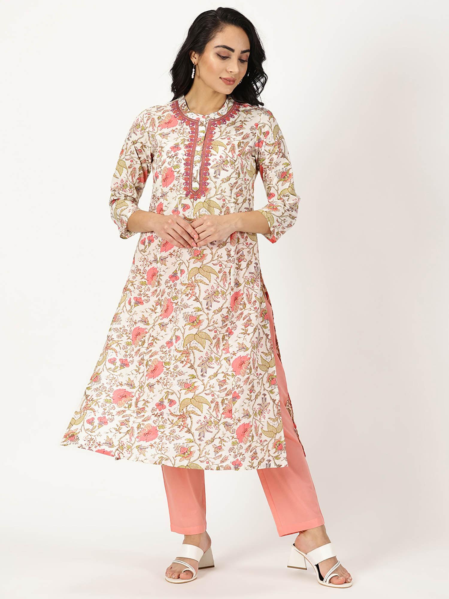 peach & white ethnic floral print kurta with neck embroidery