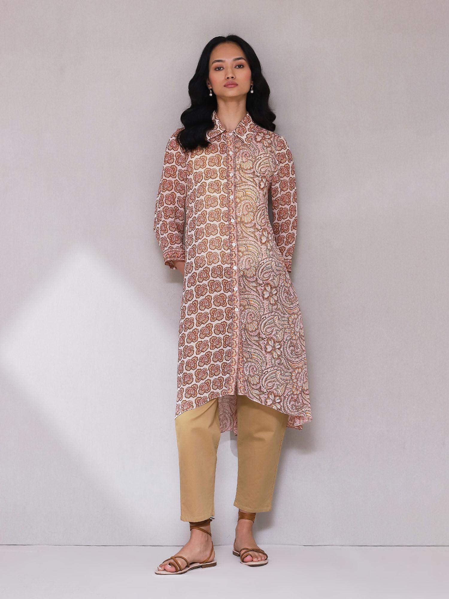 peach & white printed kurta with camisole (set of 2)