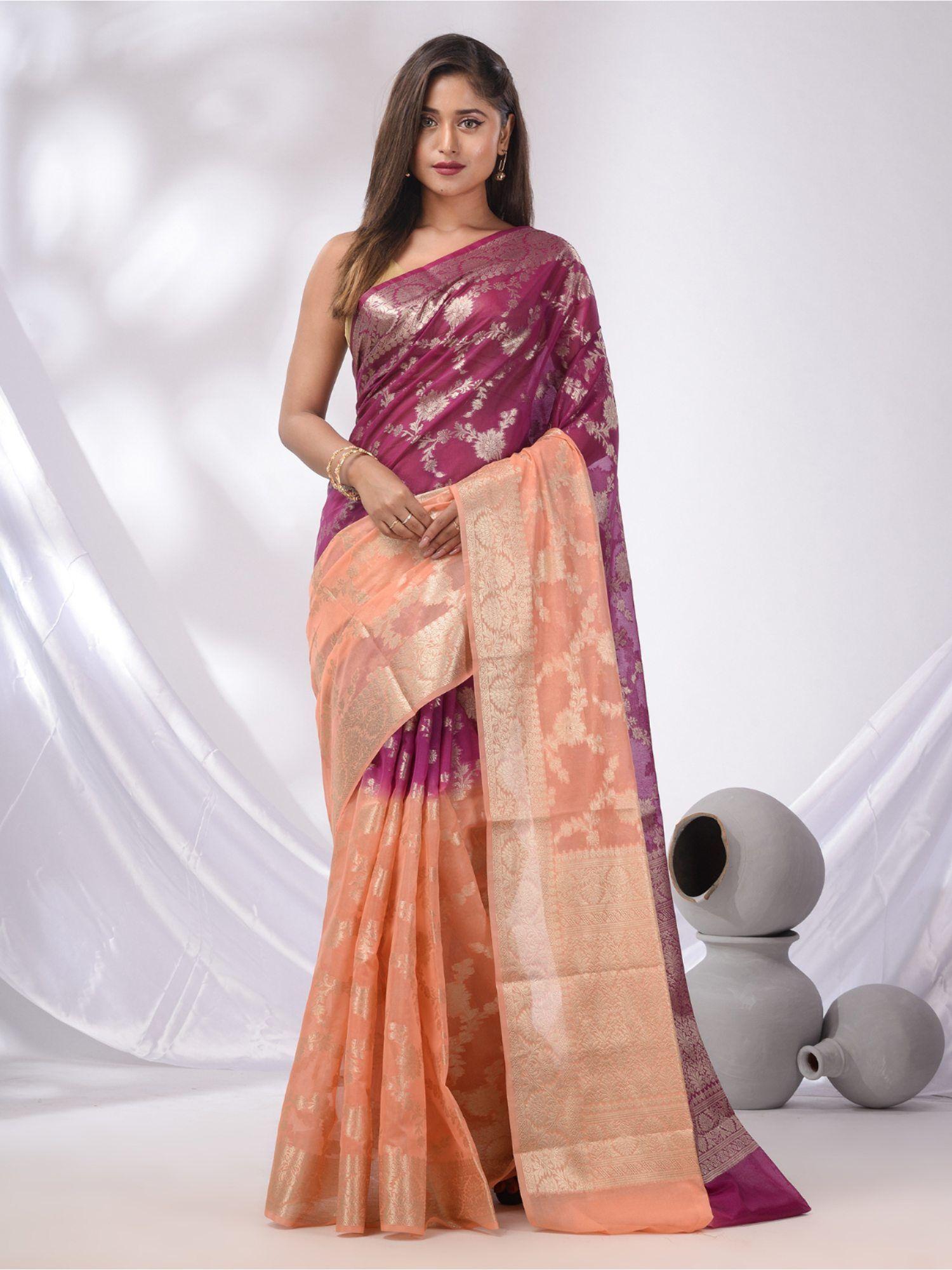 peach & wine georgette handwoven saree with floral nakshi designs & unstitched blouse