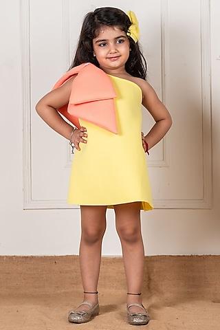 peach & yellow scuba one-shoulder bow dress for girls