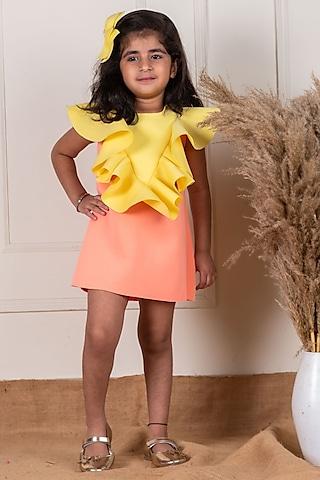 peach & yellow scuba ruffled dress for girls