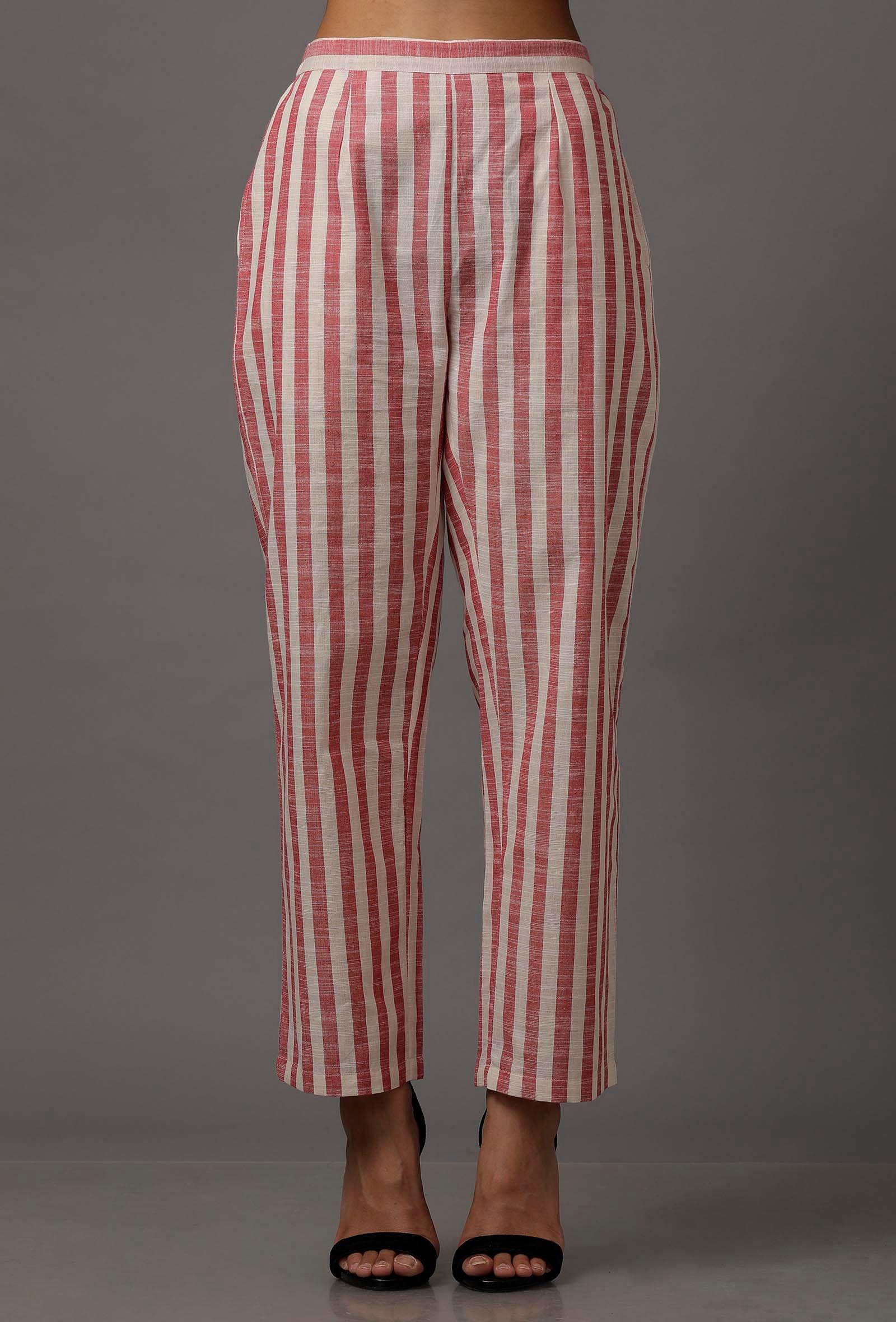 peach  red and white stripes pure woven cotton pants