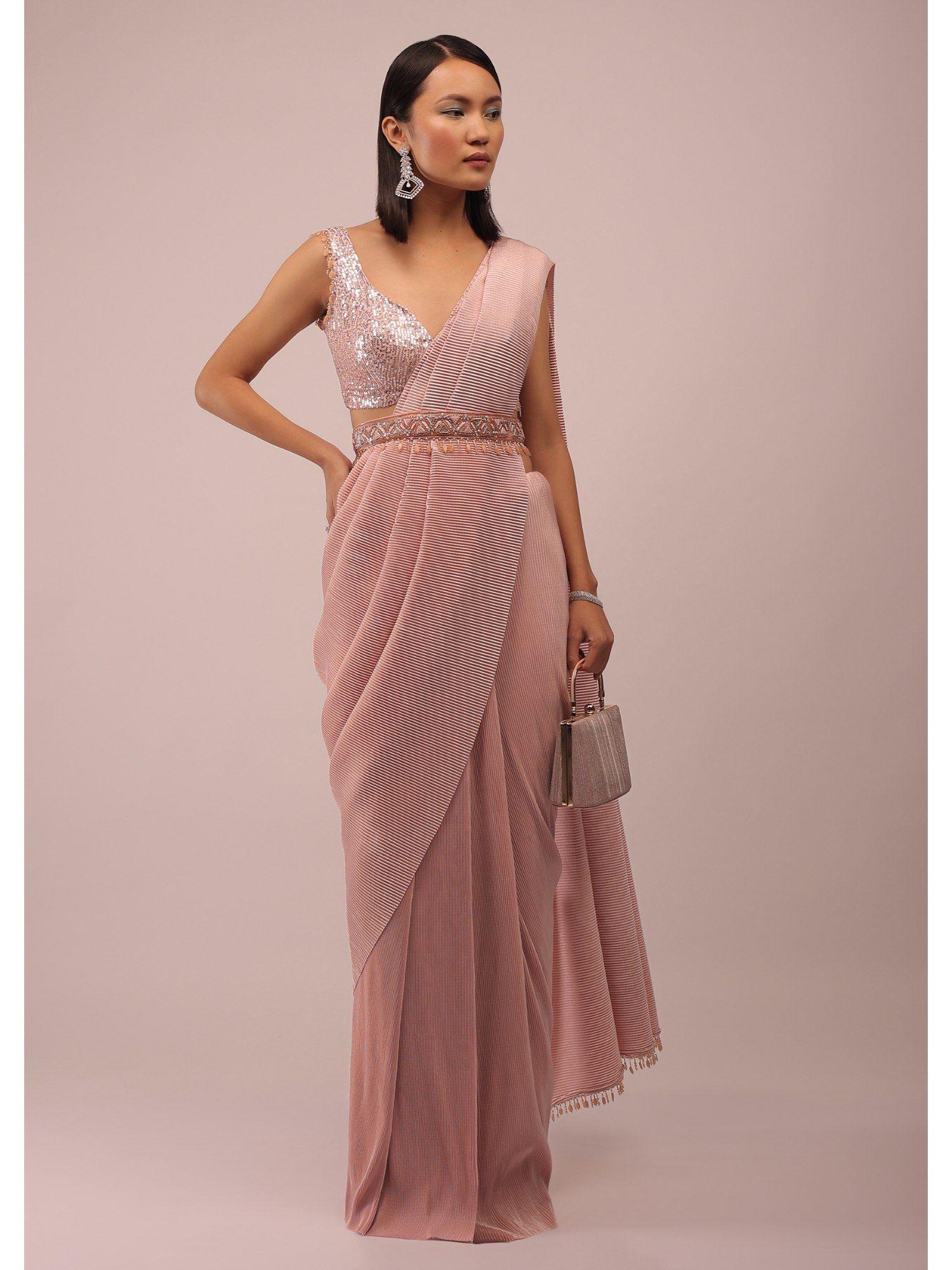 peach a crop top crafted in net sequins saree with stitched blouse (set of 3)