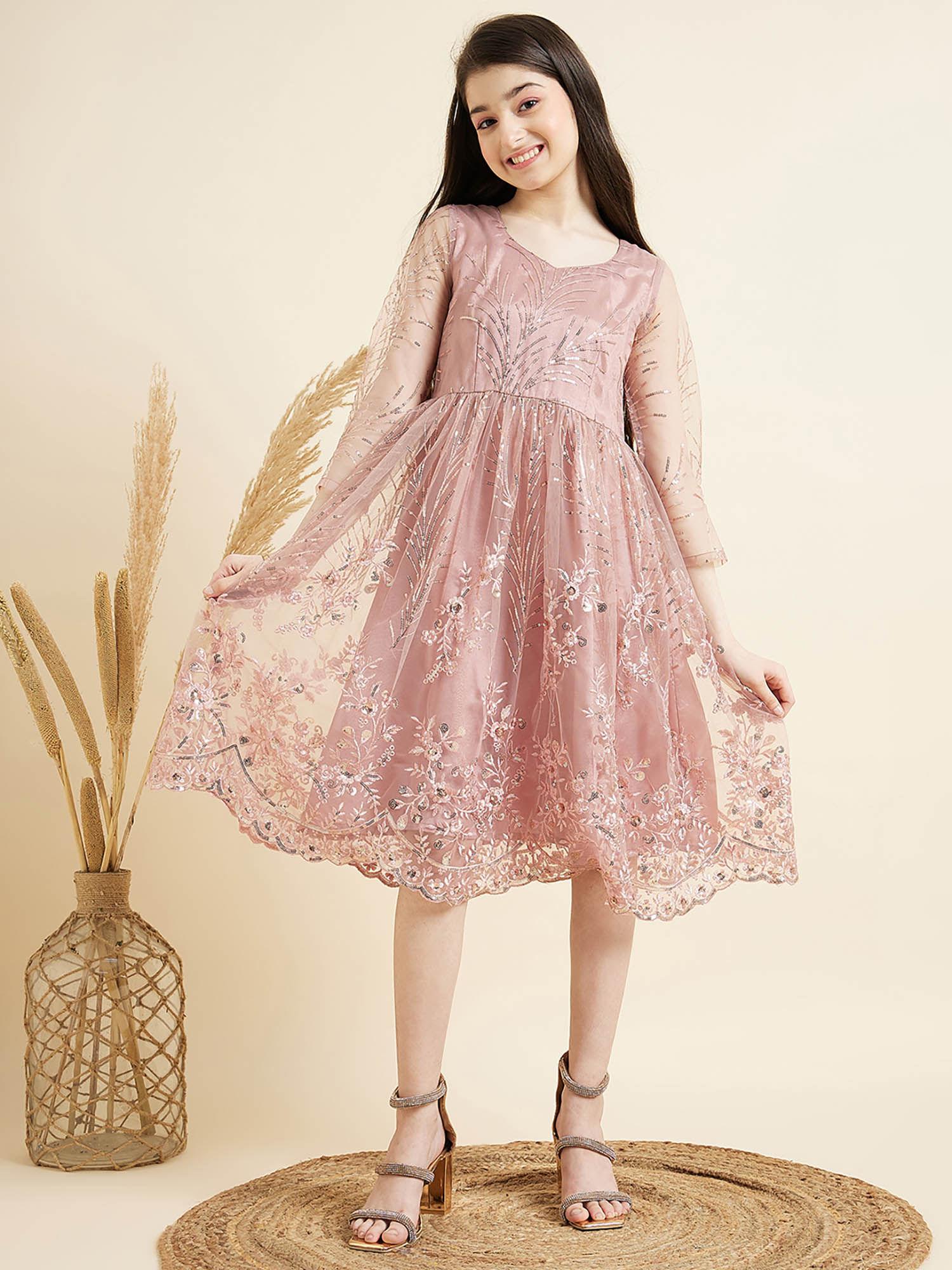 peach a-line embroidered knee length party dress