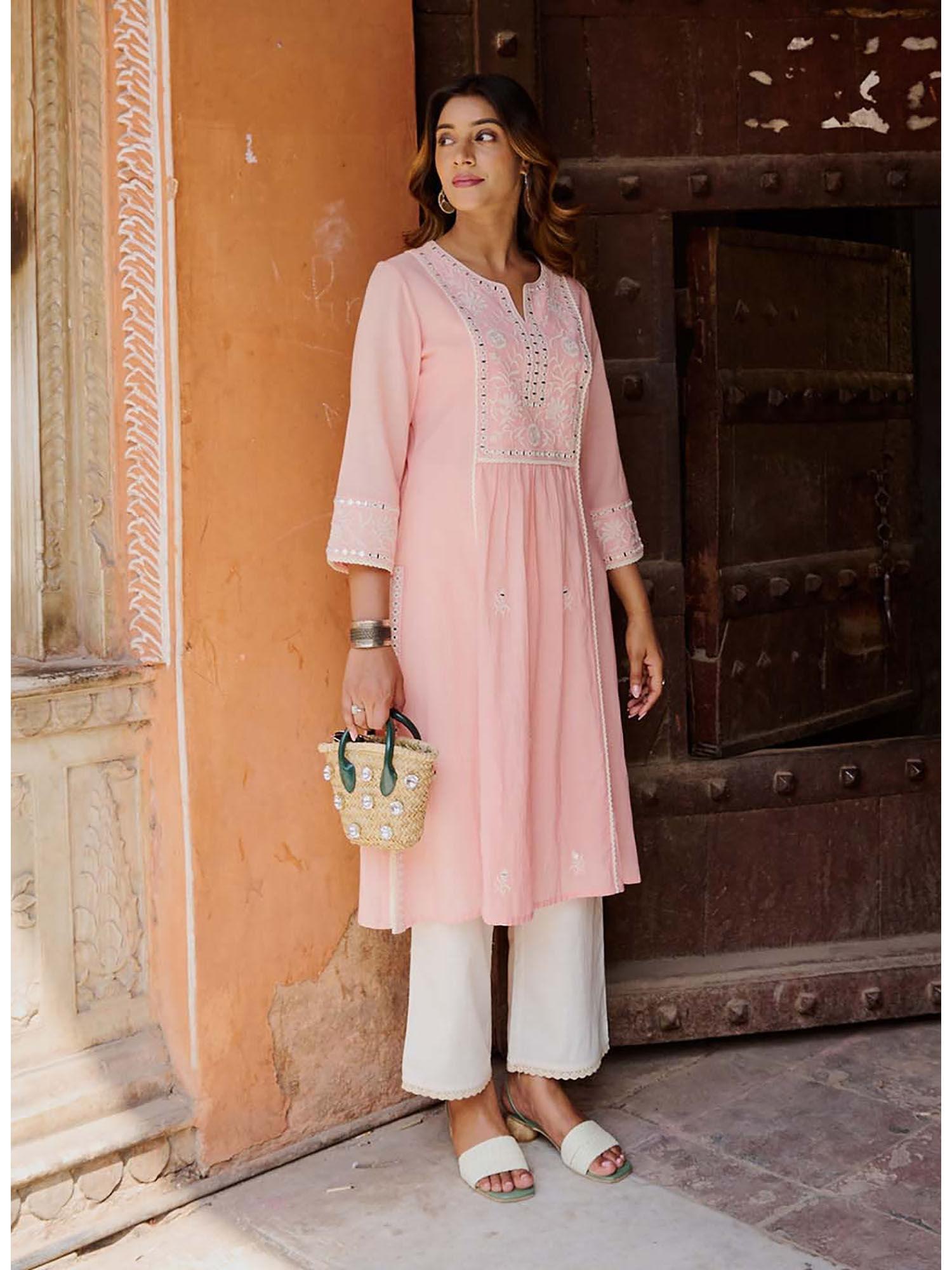 peach a line embroidered kurta with 3/4th sleeves
