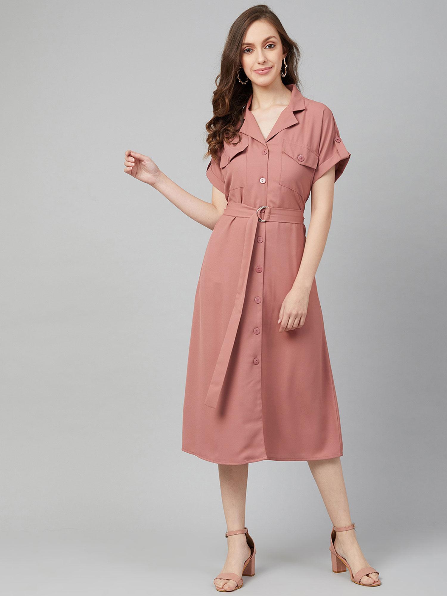 peach a-line self design midi dress