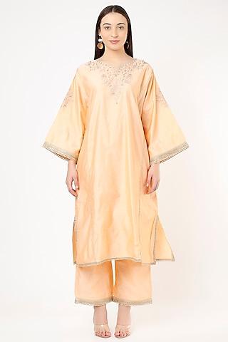 peach aari embroidered kurta set