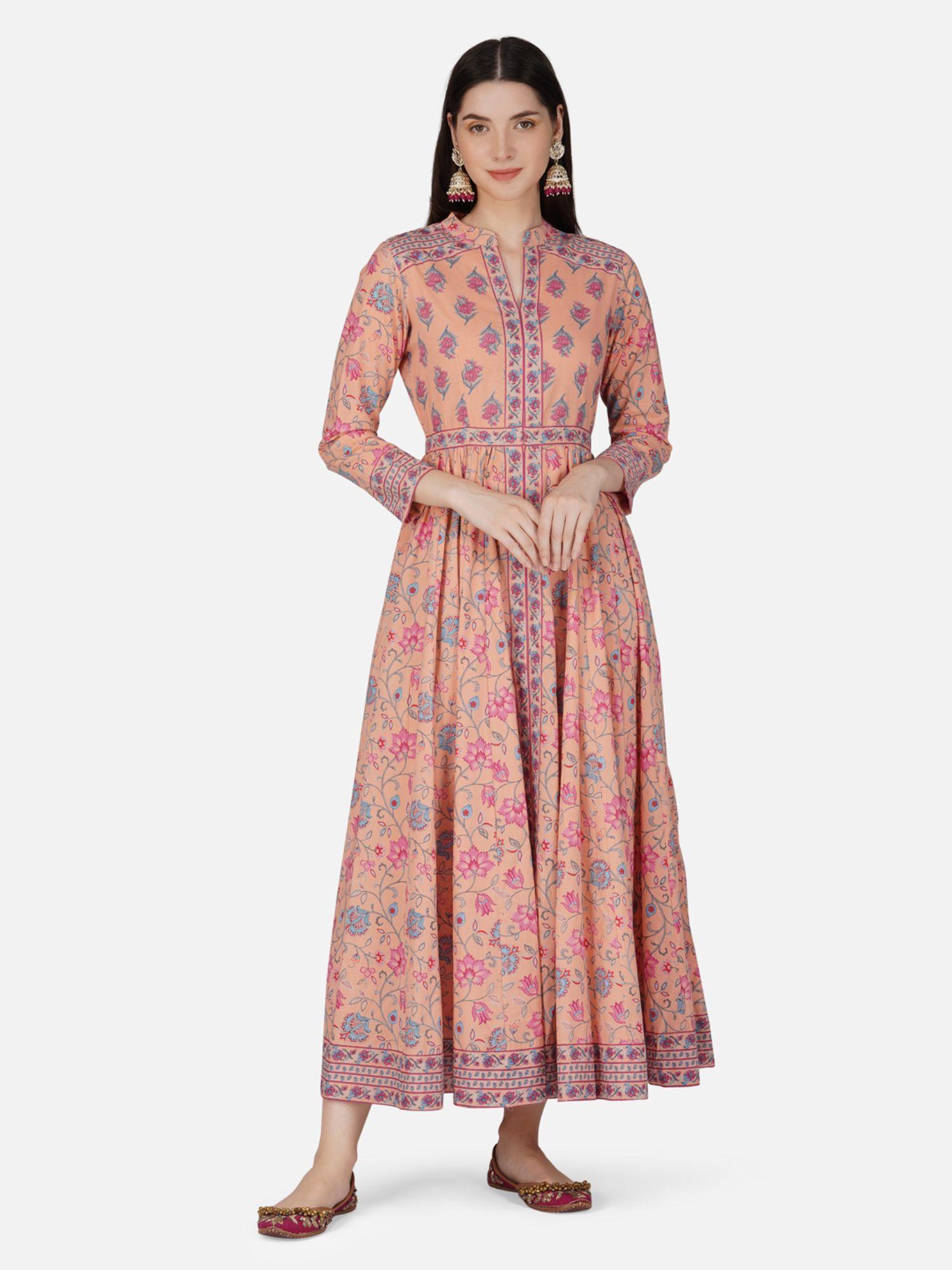 peach anarkali cotton hand block printed ethnic maxi dress