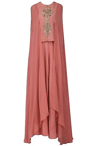 peach anarkali gown with embroidered cape top