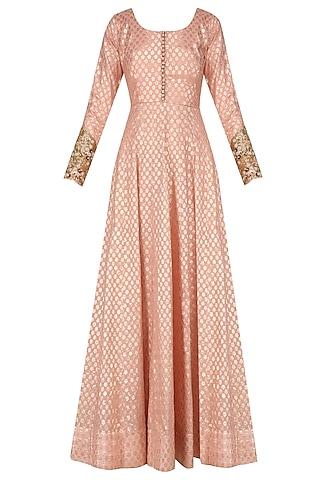peach anarkali set with floral embroidered dupatta