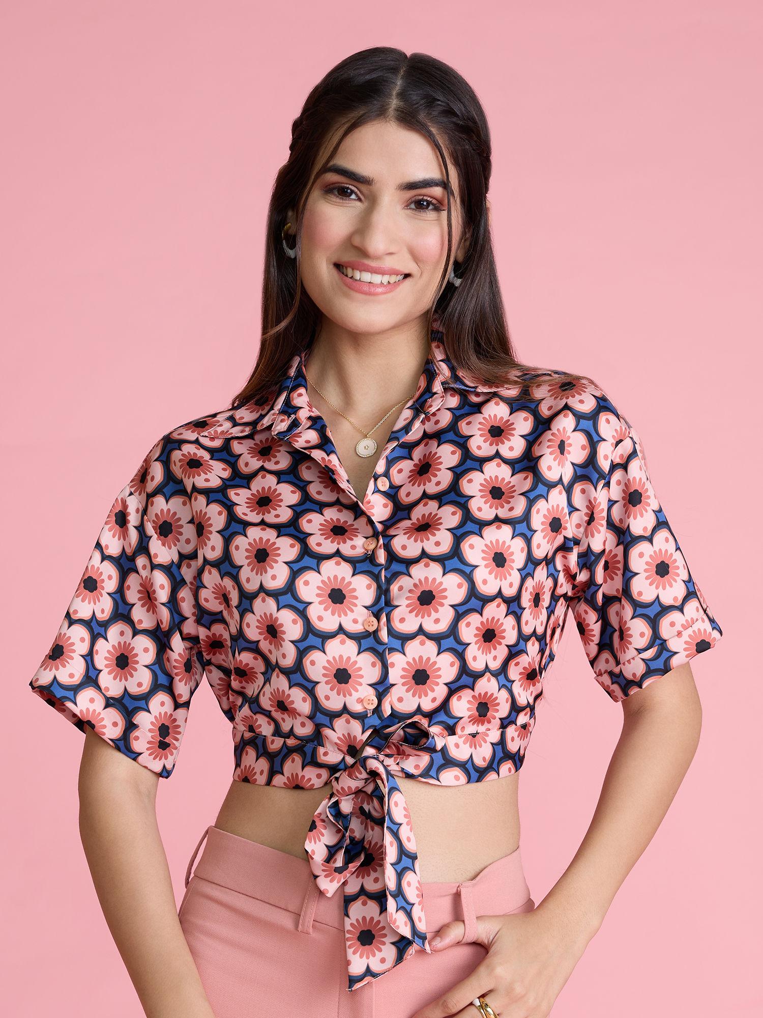 peach and blue floral print half sleeves crop shirt