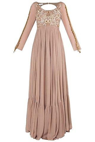 peach and brown embroidered anarkali gown set