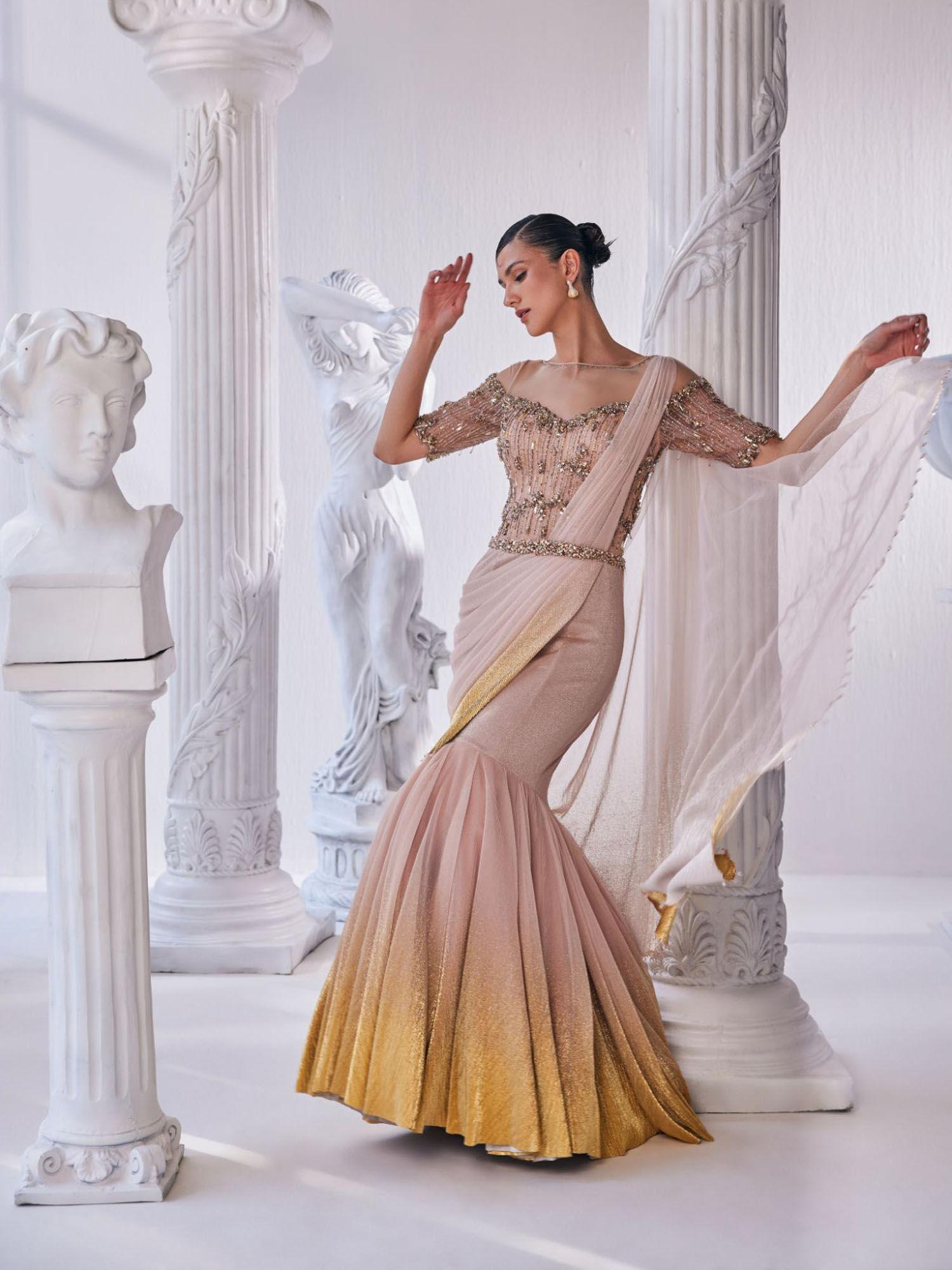 peach and gold draped gown with attached dupatta