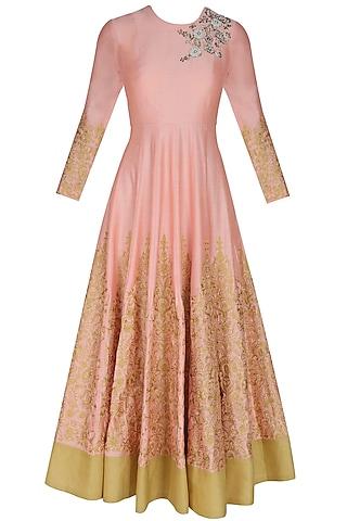 peach and gold floral embroidered flared anarkali set