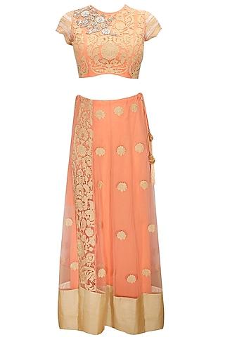 peach and gold floral embroidered lehenga set