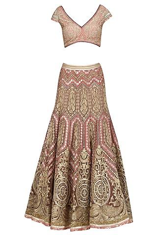 peach and gold tissue, dabka and gota patti embroidered lehenga set