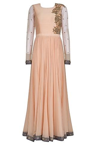 peach and grey floral embroidered anarkali set