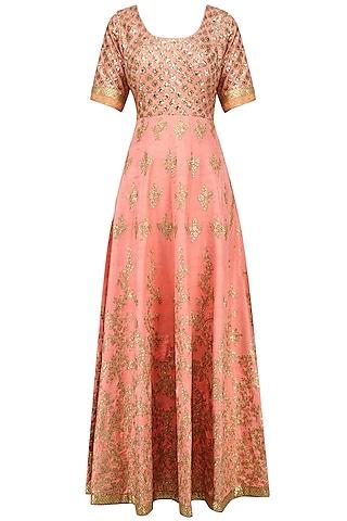 peach and light green embroidered anarkali set