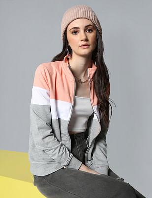 peach and light grey high neck colour block sweatshirt