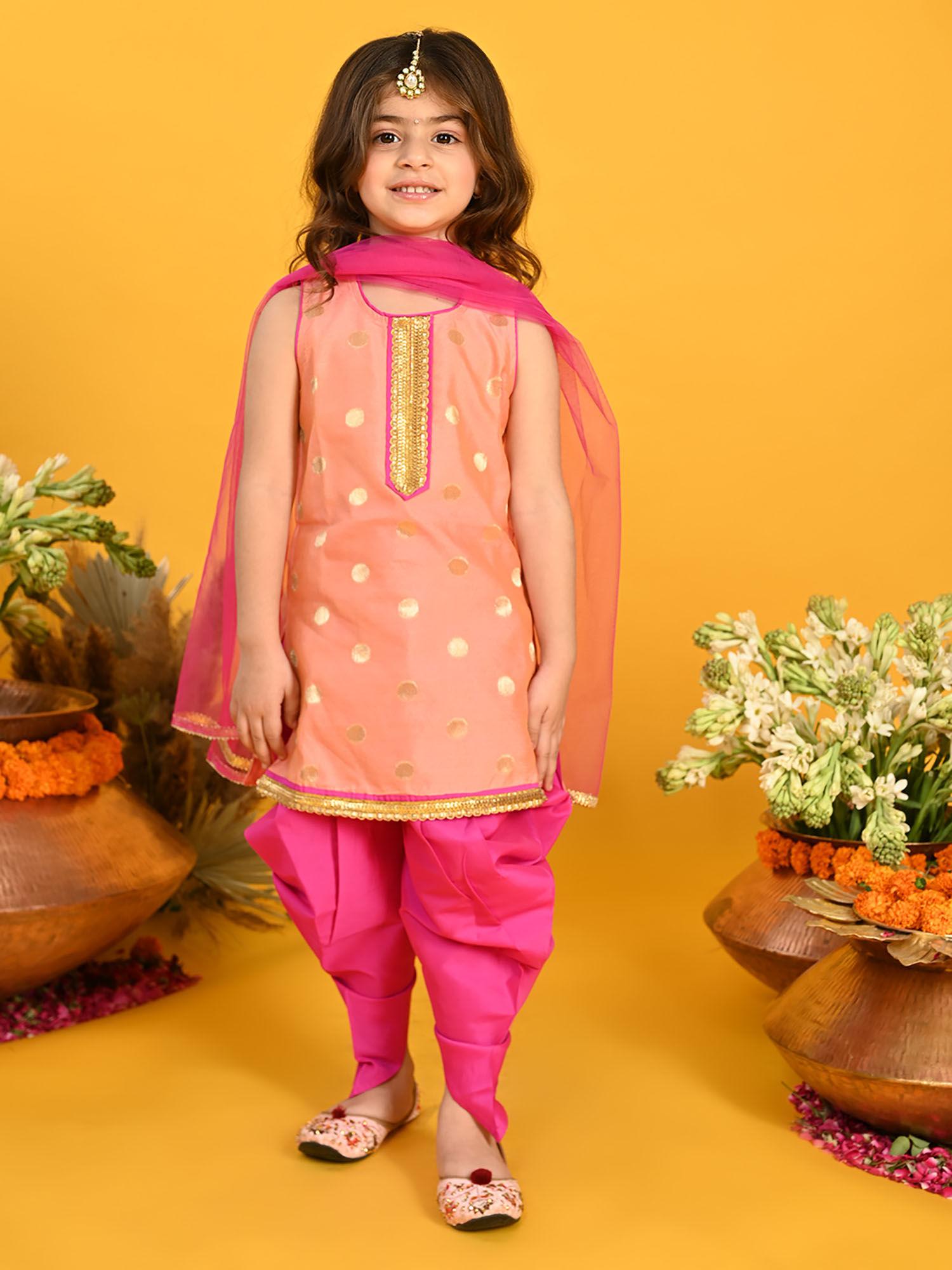 peach and magenta festive dhoti kurta for girls