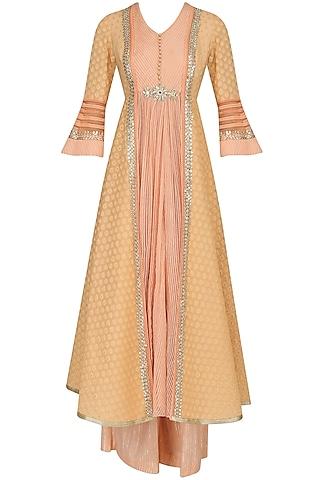 peach and pale yellow striped kalidaar kurta and pants set