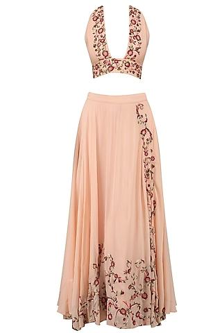 peach and pink floral embroidered bralet and skirt set