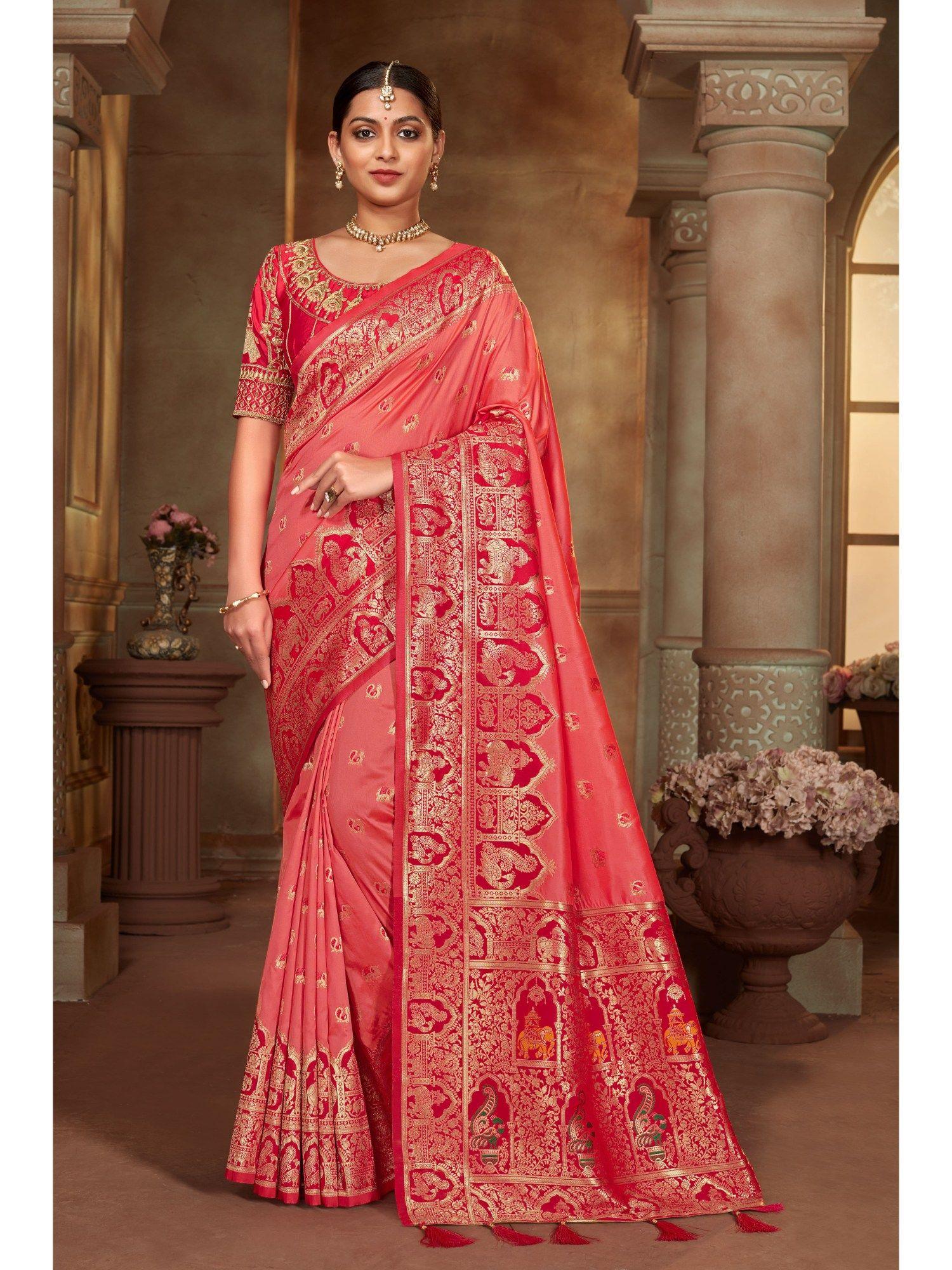 peach and red banarasi silk woven tassels saree with unstitched blouse