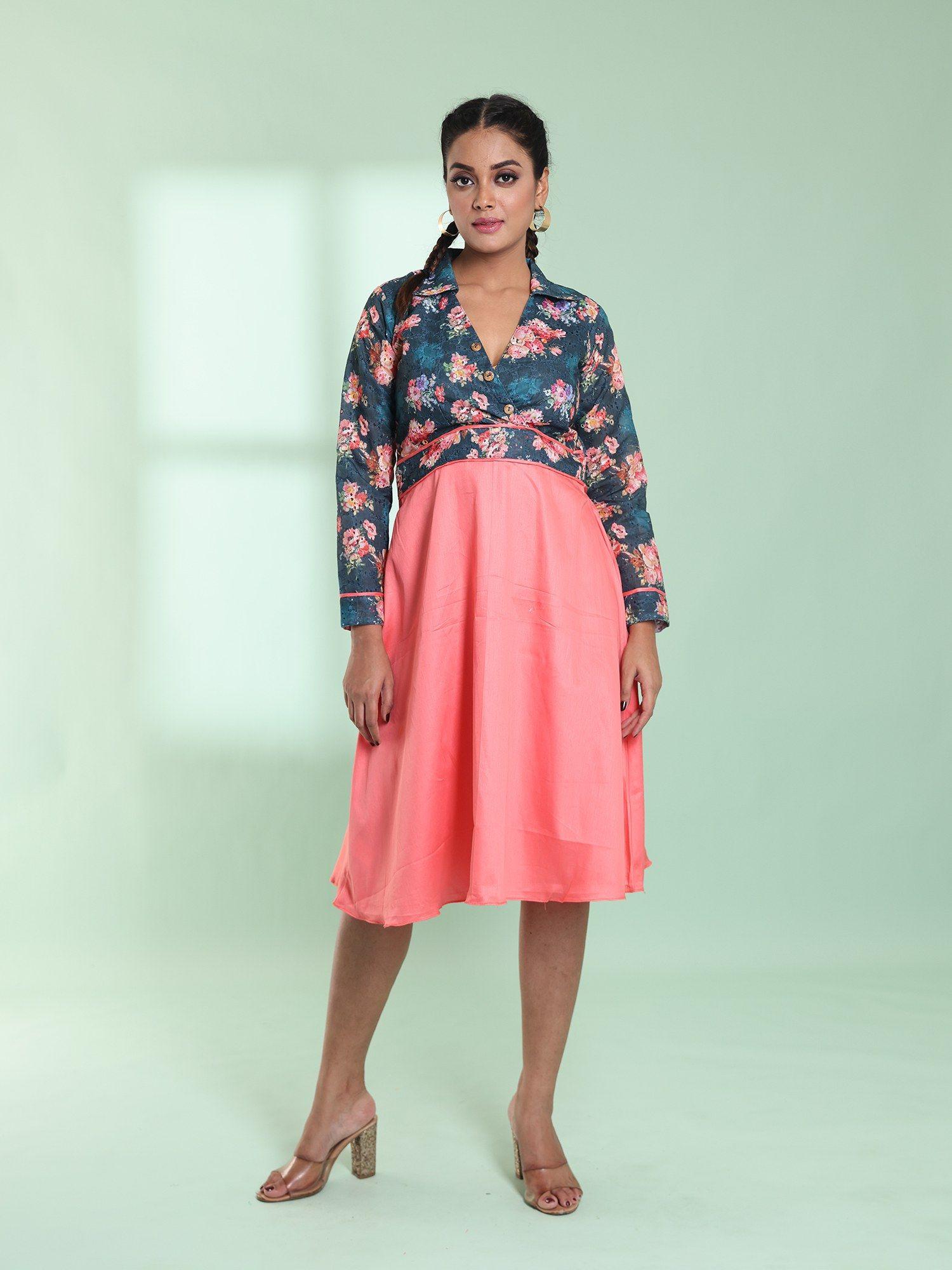 peach and teal cotton flared stitched ethnic dress with chikankari work