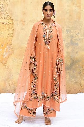 peach banarasi silk embroidered kurta set