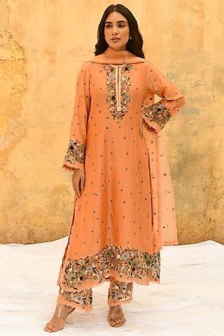 peach banarasi silk embroidered kurta set