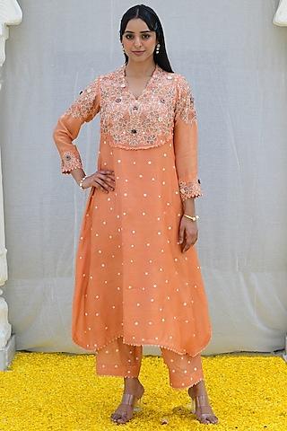 peach banarasi silk embroidered kurta set