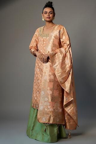 peach banarasi silk embroidered kurta set