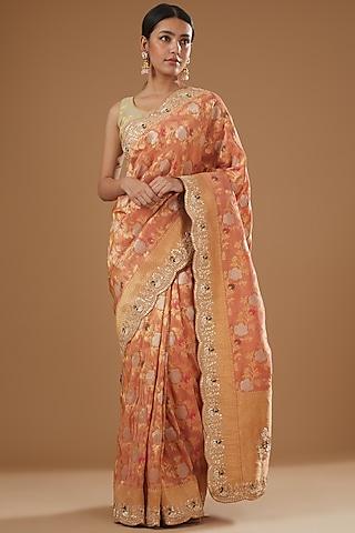 peach banarasi tissue embroidered saree