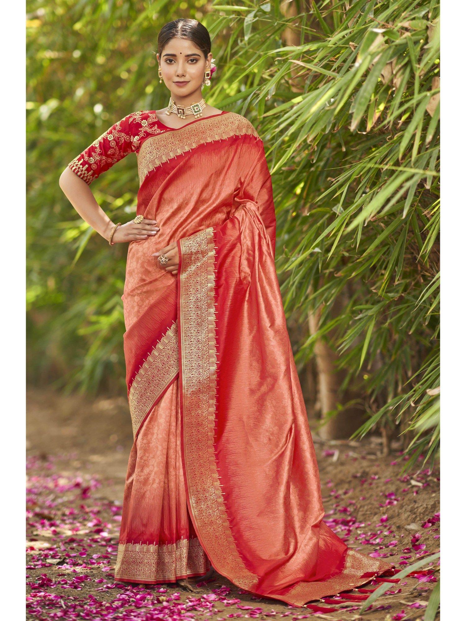 peach banarasi woven tassels saree with unstitched blouse