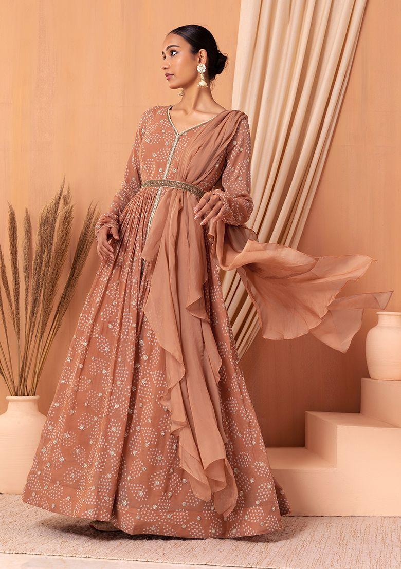 peach bandhani print embroidered anarkali gown with dupatta and belt