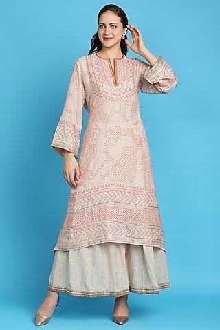 peach bandhani printed kurta set