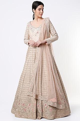 peach beige hand embroidered gown with dupatta