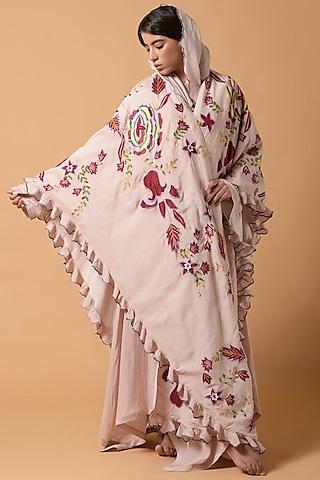 peach beige silk linen patchwork embroidered cape set