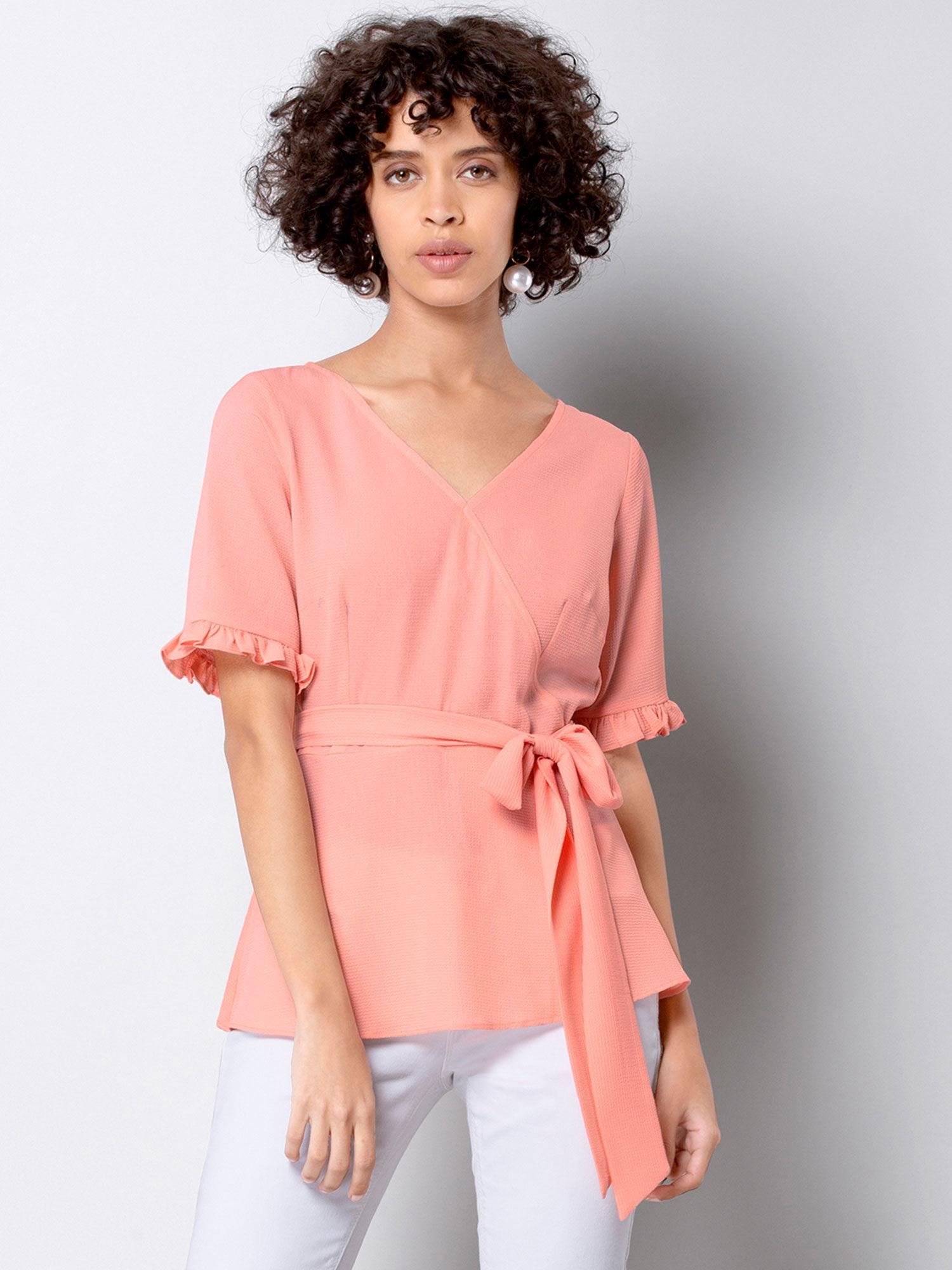 peach belted frill sleeve wrap top