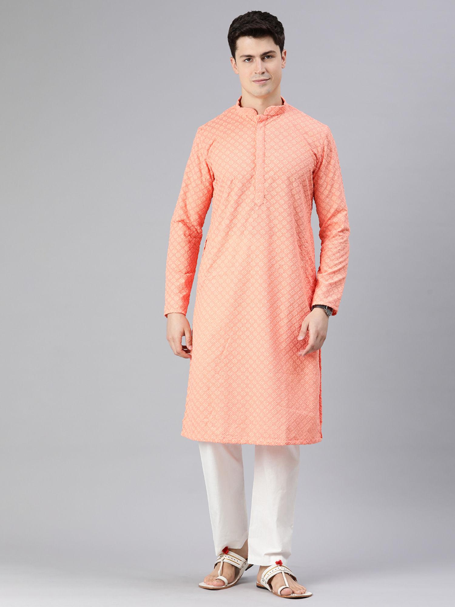peach blended viscose embroidered kurta pyjama for men (set of 2)