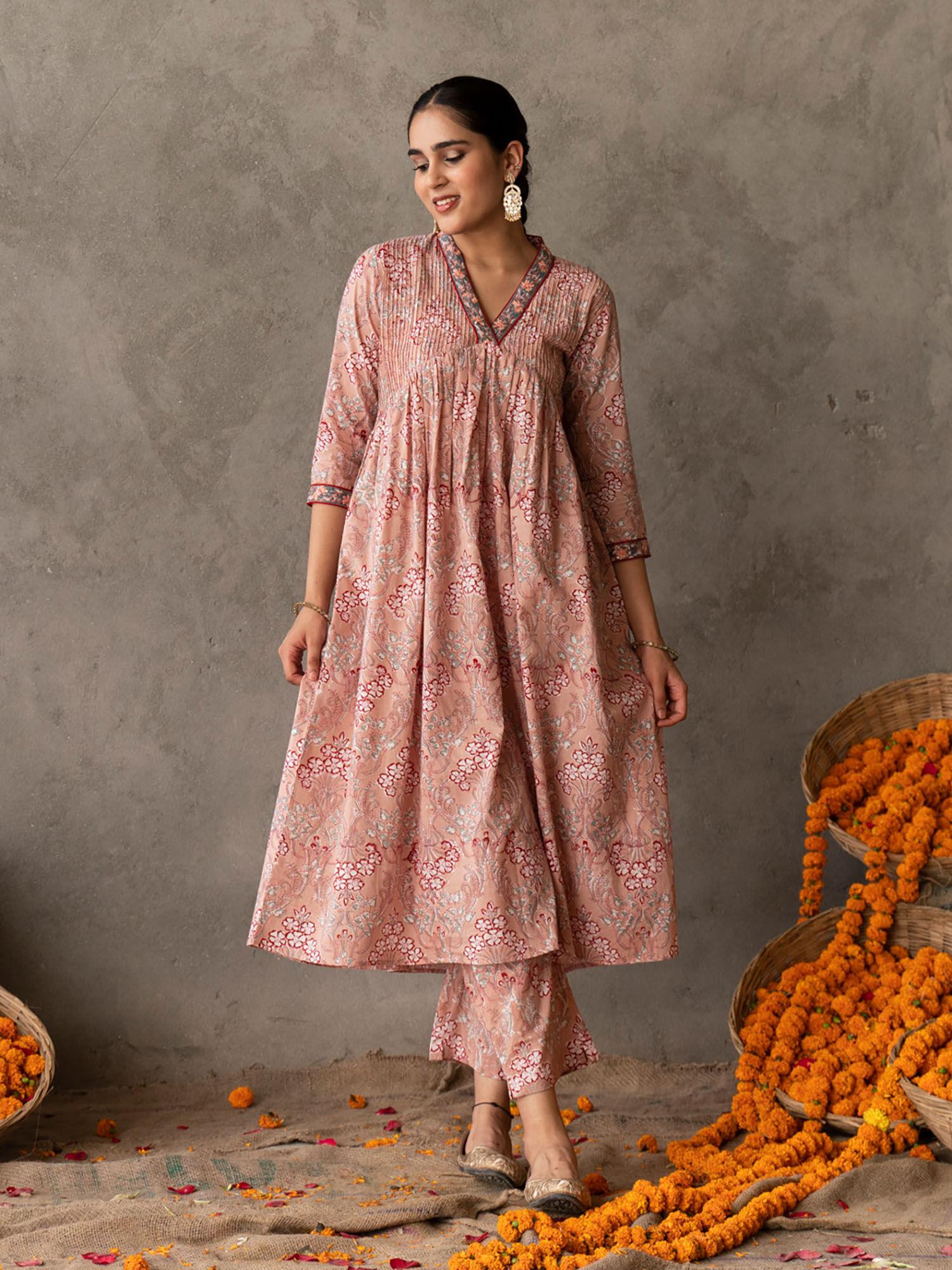 peach block printed embroidered detail a line kurta