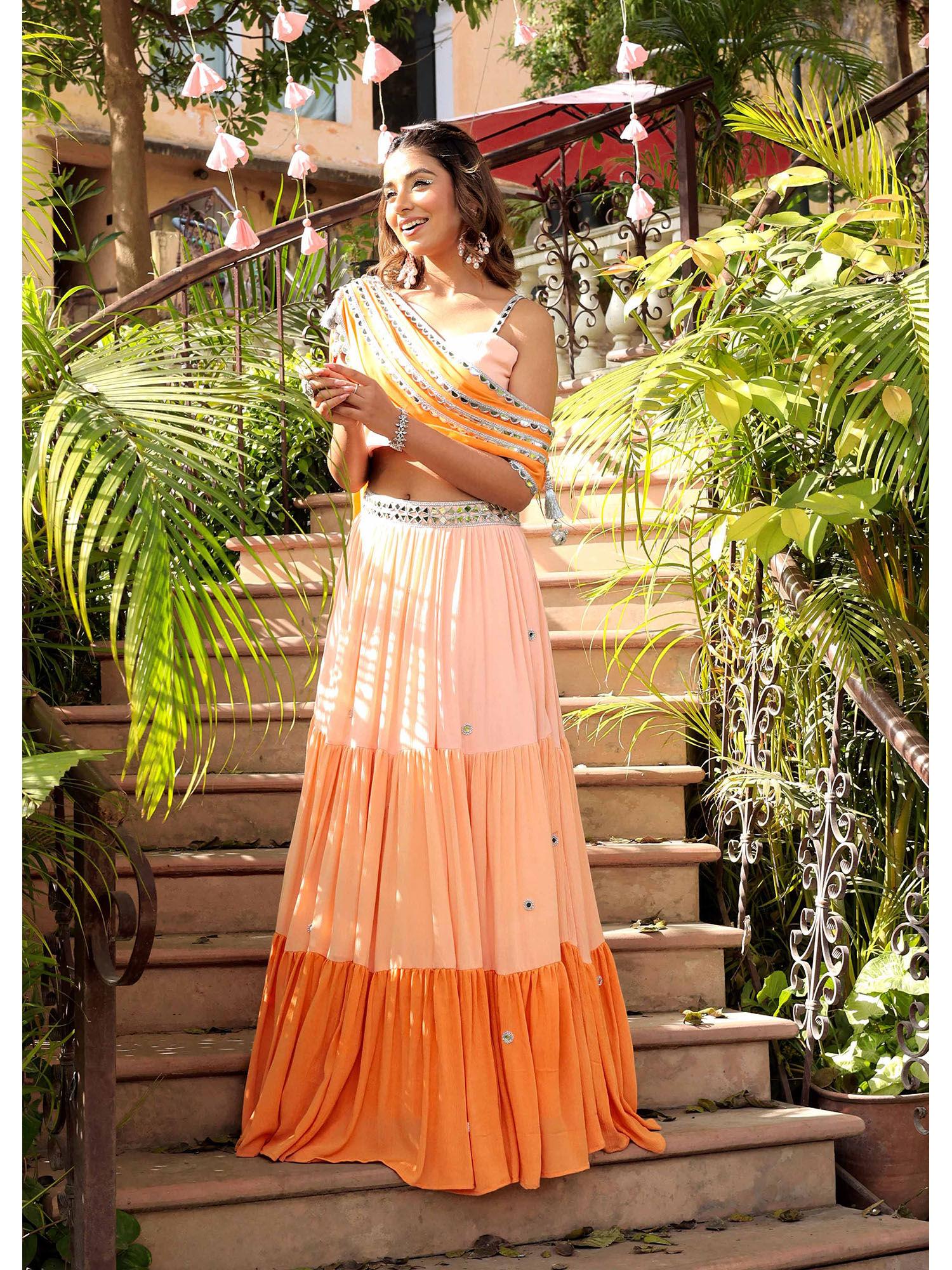 peach bloom lehenga with bluse and draped dupatta (set of 3)